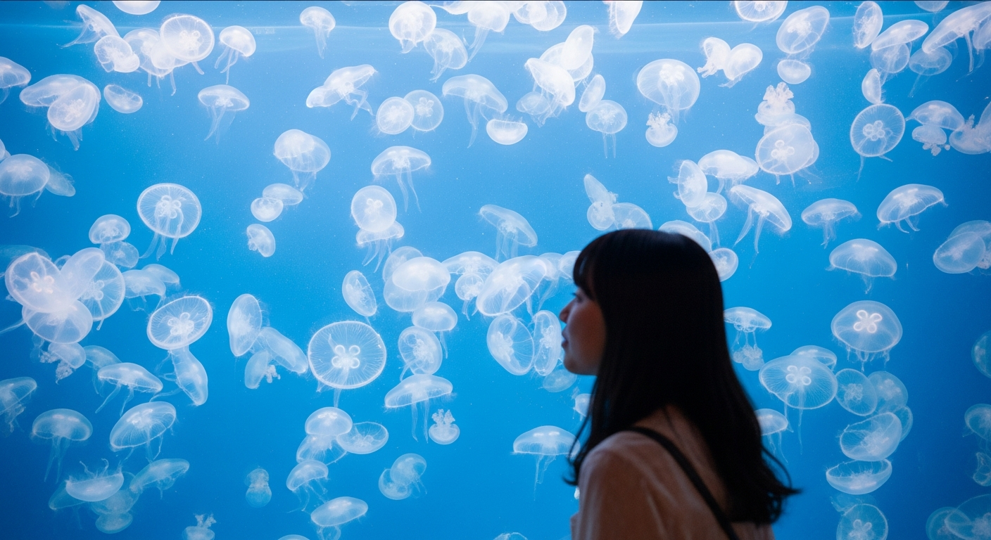 明るい色調の水族館の大きなクラゲ水槽を正面からとらえた自然な構図。