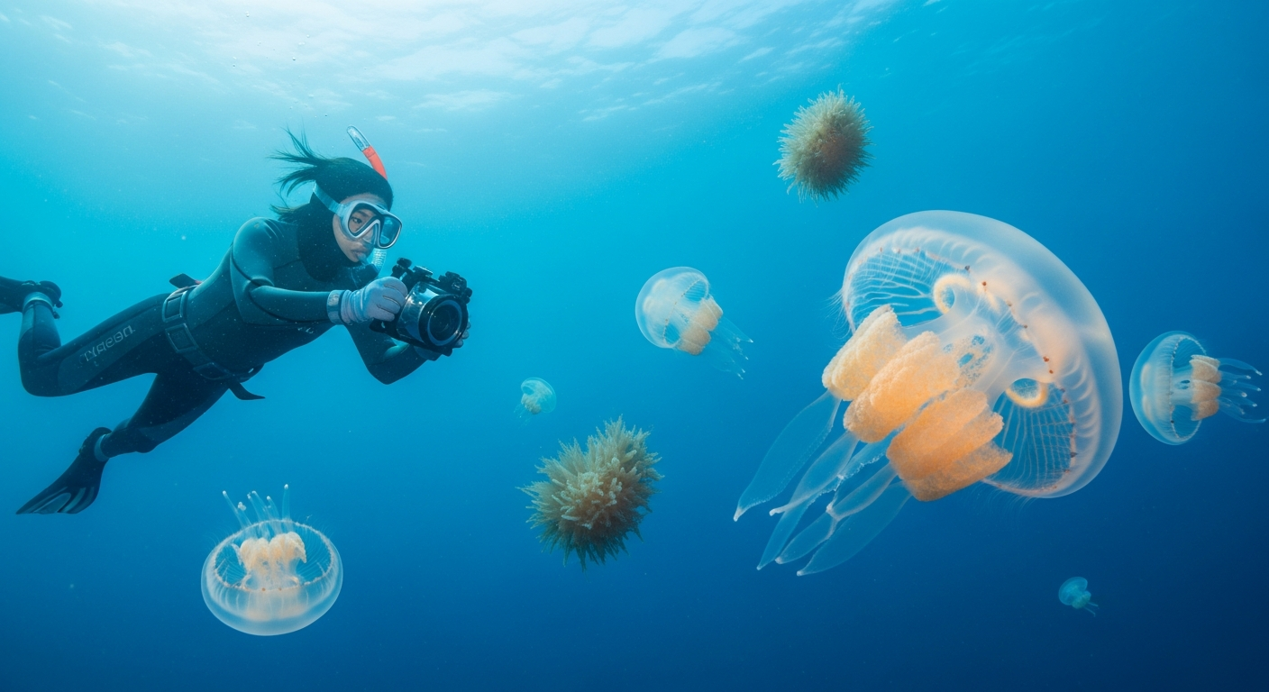 明るい昼の海中シーン。