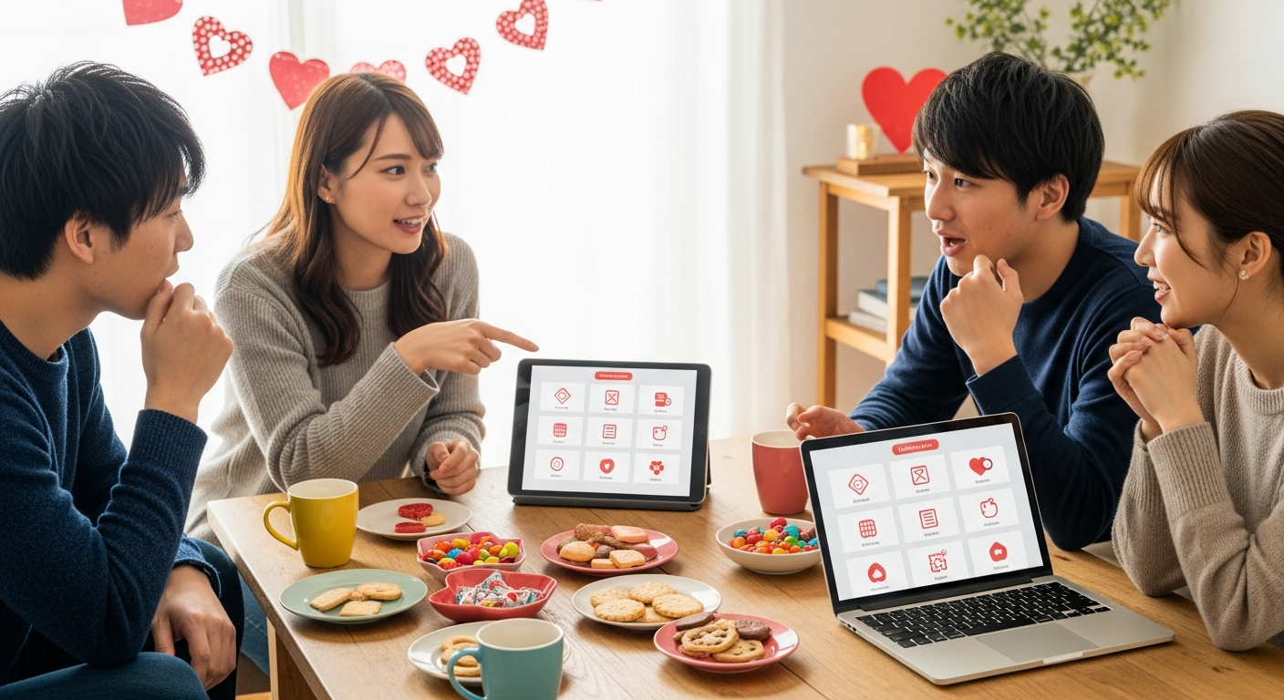 明るい色調で、リビングのテーブルを囲んでオンラインも含めた「バレンタイン豆知識クイズ」を楽しんでいる様子を描く。