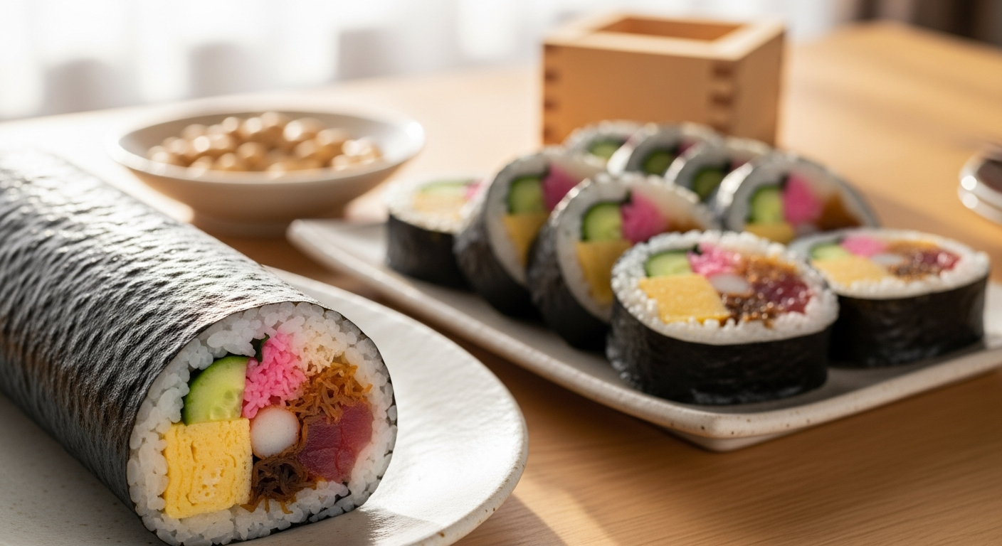 明るい色調で、和風の食卓に節分の雰囲気を感じるイメージ。