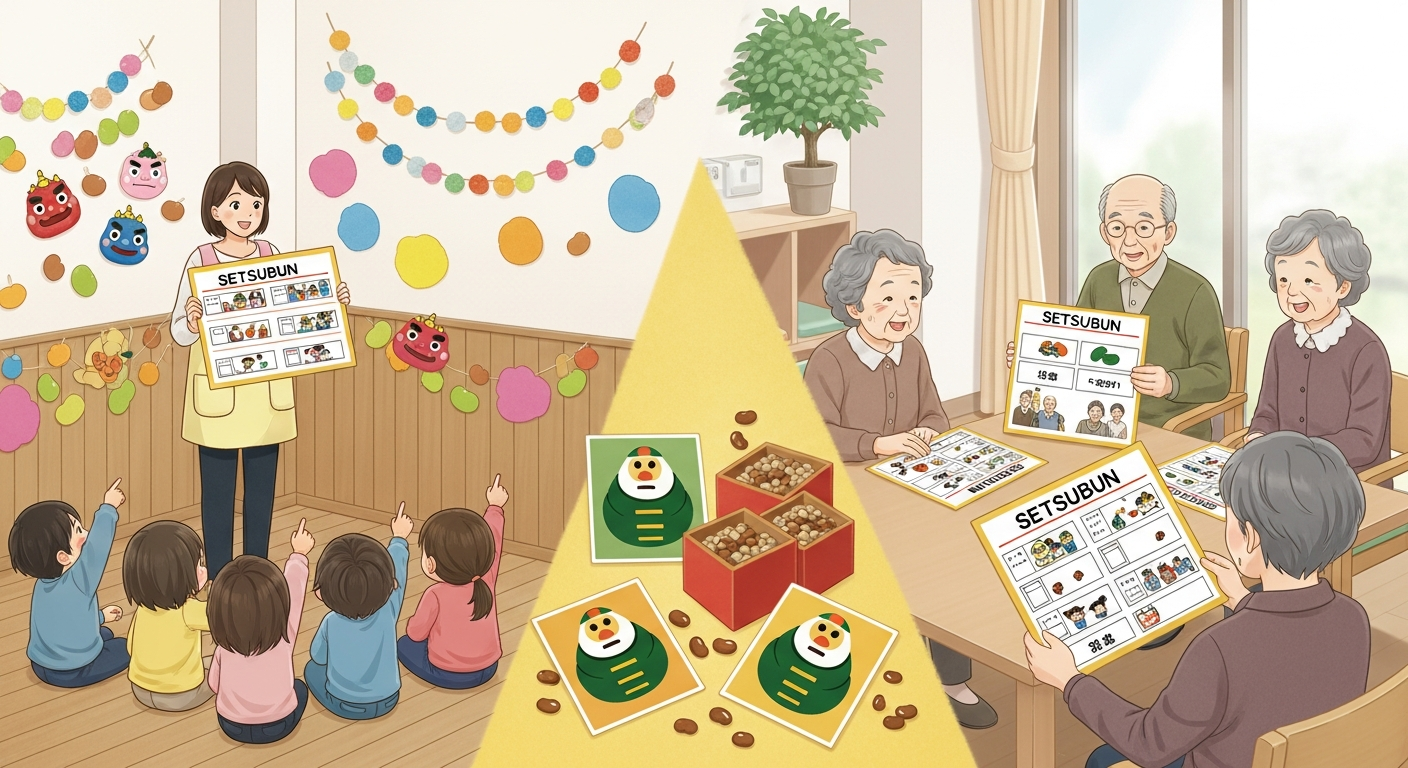 明るい色調で、保育園の一角とデイサービスの一角がゆるやかにつながったような室内、節分イベントのクイズタイムの様子を描いたイラスト。