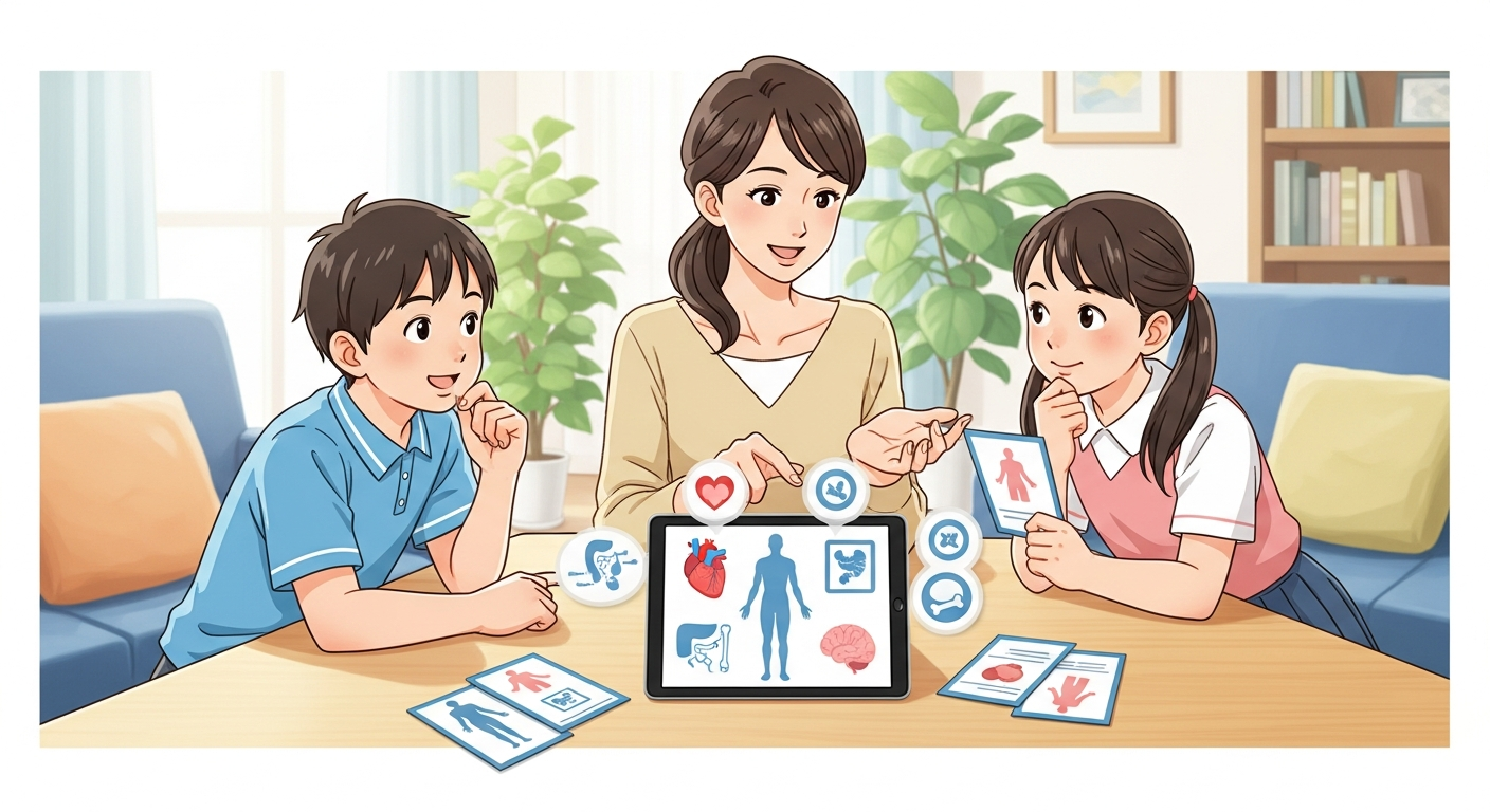 明るい色調で、木目調のテーブルを囲んでソファと椅子に座る家族が人体クイズを楽しんでいる様子のイラスト。