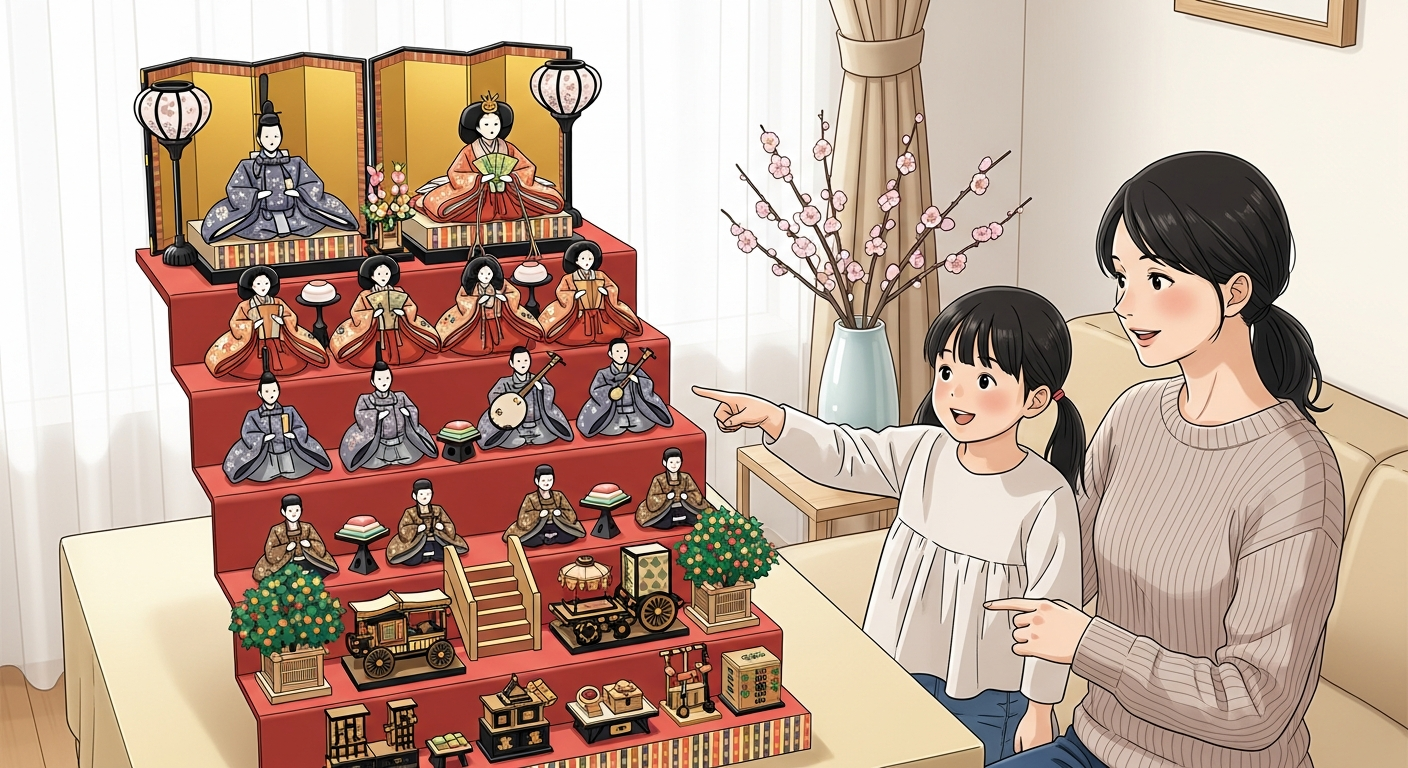明るい色調で、現代の日本の家庭のリビングに七段飾りの雛人形が美しく並んでいる様子を俯瞰ぎみにとらえた自然な構図のイラスト。