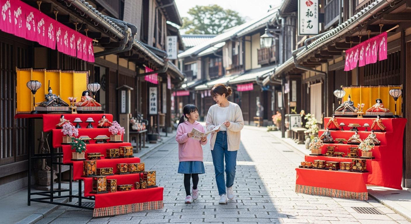 明るい春の昼下がり、石畳の続く日本の古い町並みを舞台に、商店や古民家の軒先に色とりどりの雛人形がずらりと飾られている様子を写した横長構図。