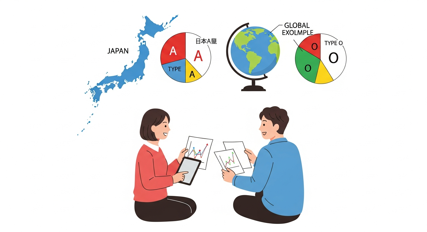 明るい色調で、日本と世界の血液型分布の違いをイメージできる説明的なイラスト。