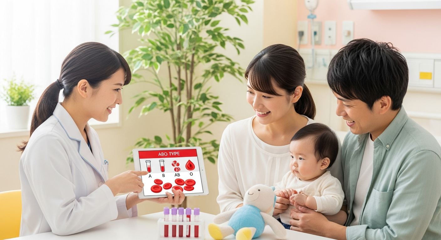明るい病院の小児病棟の一角で、20代の日本人女性の小児科医が、笑顔の日本人夫婦と生後数か月の赤ちゃんを前に、タブレット画面に表示されたカラフルなABO式血液型のイラスト（A・B・AB・Oの4種類の試験管や赤血球のアイコン）を指しながらわかりやすく説明しているシーン。