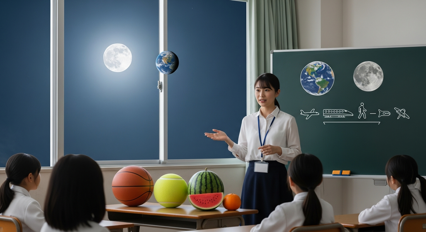 明るい色調で、夜の学校の教室の中。