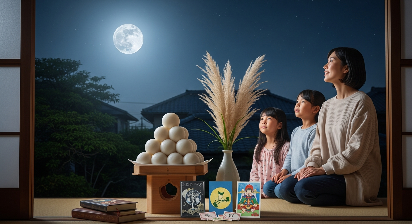 秋の夜、日本の住宅街の庭先で、縁側に座った20代の日本人女性が家族と一緒に満月を見上げているシーン。