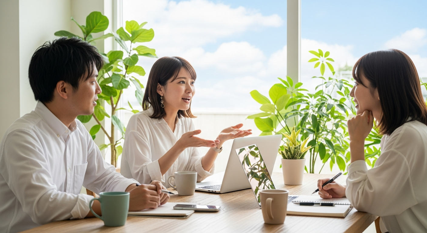 明るい色調で、カフェ風のインテリアの室内。