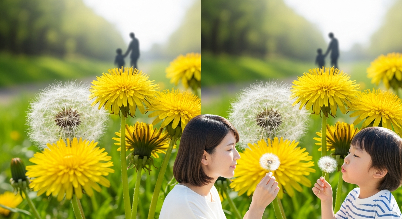 春の公園の小道の脇に、明るい日差しを浴びた黄色いたんぽぽの花と、ふんわり白い綿毛が並んで咲いている様子をクローズアップで捉えた写真風イラスト。