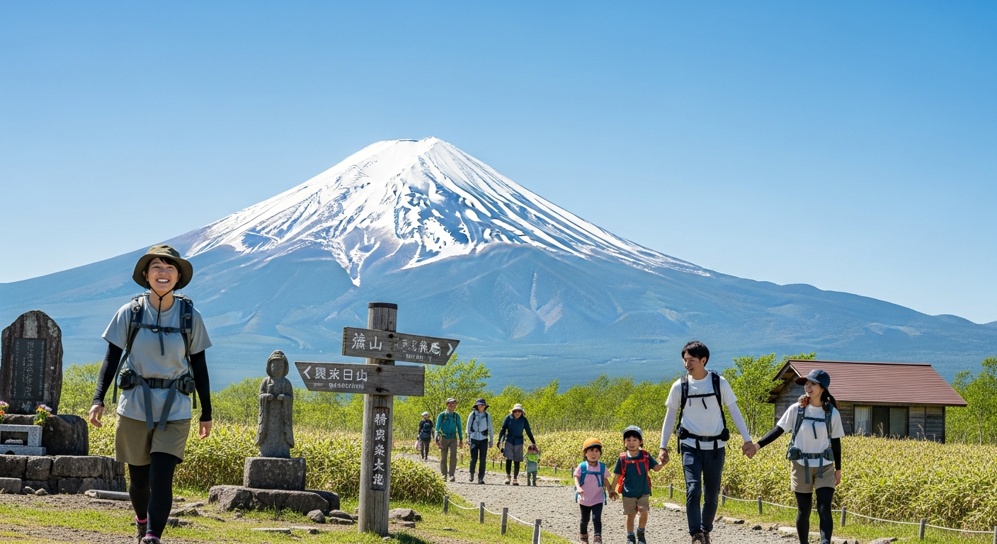初夏の青空の下、雪が少し残る富士山を背景に、現代の登山道を家族連れや若いカップルが楽しそうに歩いている様子を描く。
