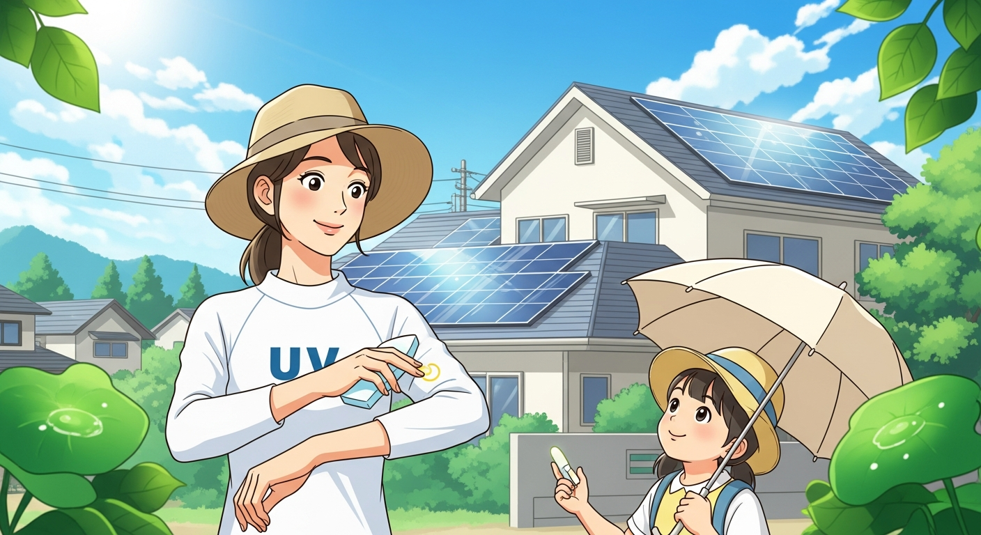 明るい夏の昼下がり、日本の住宅街の一軒家の屋根に太陽光発電パネルがきらりと反射している様子を、広めの構図で描く。