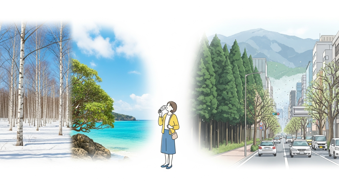 明るい色調で、花粉症に関する日本各地と都市環境の違いを説明するWeb記事用イメージ。