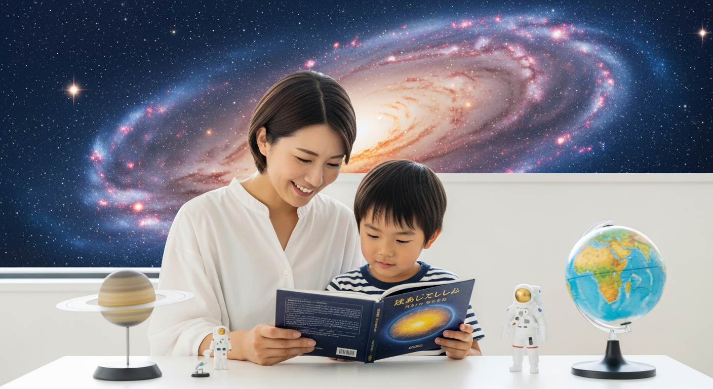 明るい色調で、夜空にきらめく星や銀河が広がる宇宙を背景に、室内で宇宙の本を楽しそうに読む20代の日本人女性と小学生くらいの日本人の男の子が並んで座っている様子。