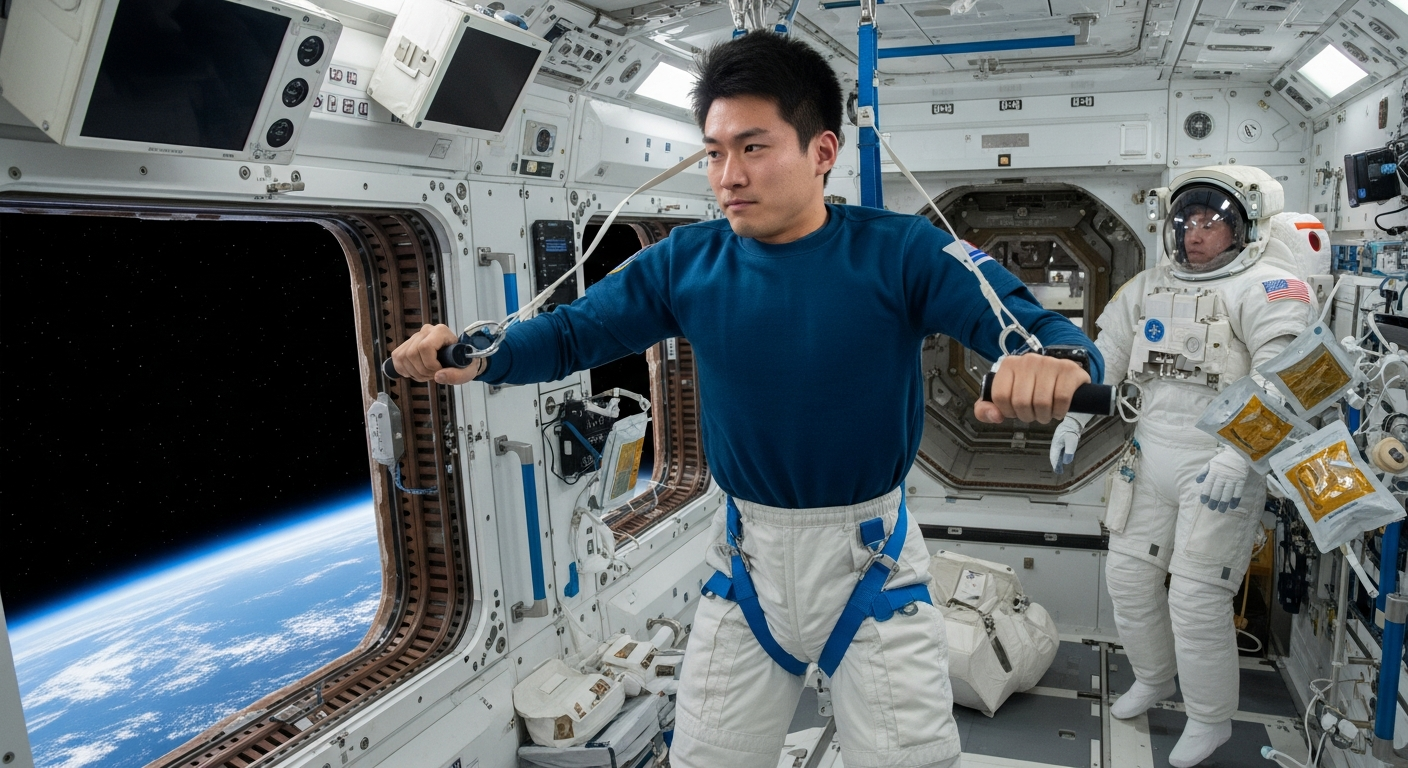宇宙ステーション船内で、20代の日本人男性宇宙飛行士が窓越しに広がる漆黒の宇宙と青い地球を見下ろしながら、無重力環境でトレーニング器具に体を固定して真剣な表情で運動している様子を描く。