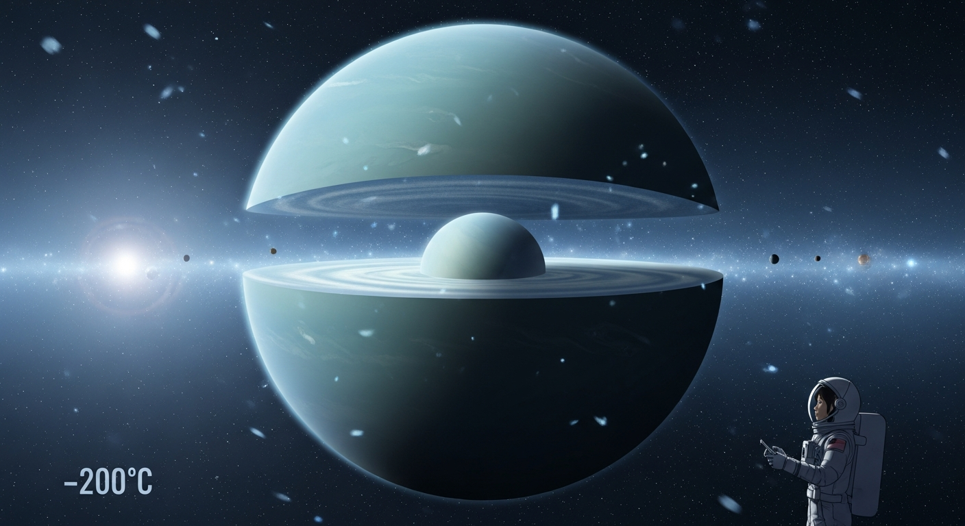 明るい色調で、宇宙空間に浮かぶ天王星を大きく中央に配置した自然な構図のイラスト。