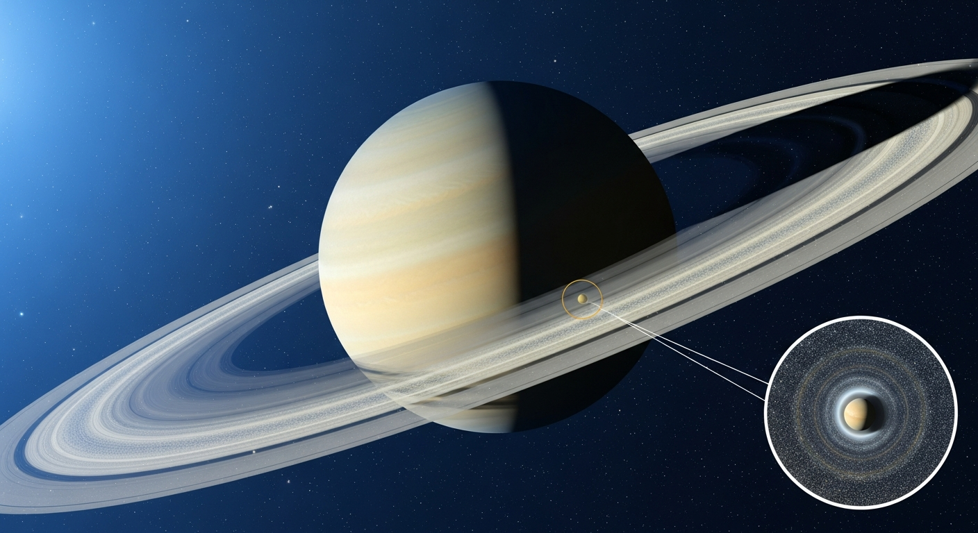 明るい夜空に浮かぶ土星をクローズアップしたイラスト。