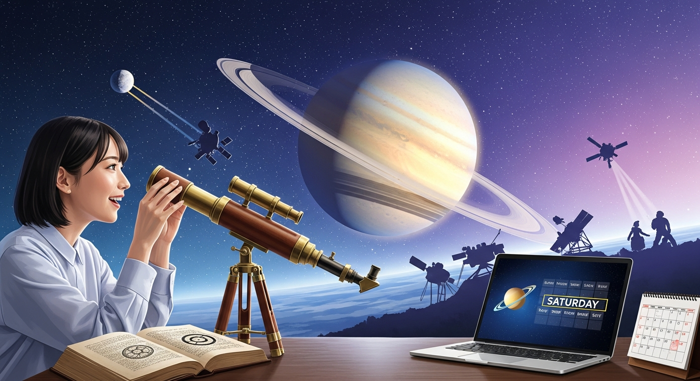 土星の由来や探査の歴史を解説する日本語のWeb記事用イメージとして、夜の宇宙空間に美しく輝く土星と、その手前に歴代探査機のシルエット（パイオニア11号、ボイジャー、カッシーニ）を小さく配置した、明るくクリアな色調のデジタルイラスト。