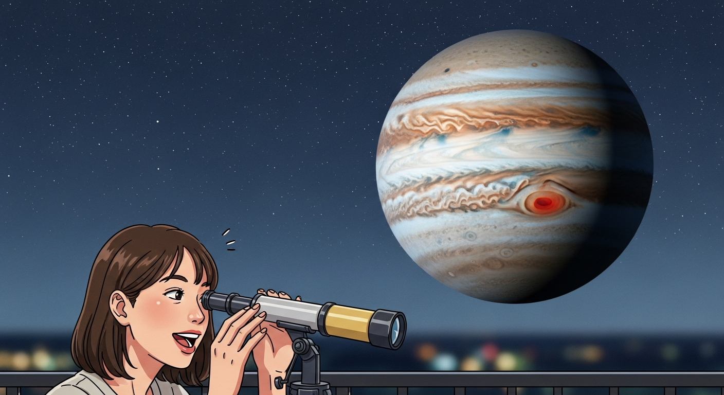 明るい色調で、夜のベランダに小型望遠鏡を置き、20代の日本人女性がワクワクした表情で木星を観察している様子を描く。