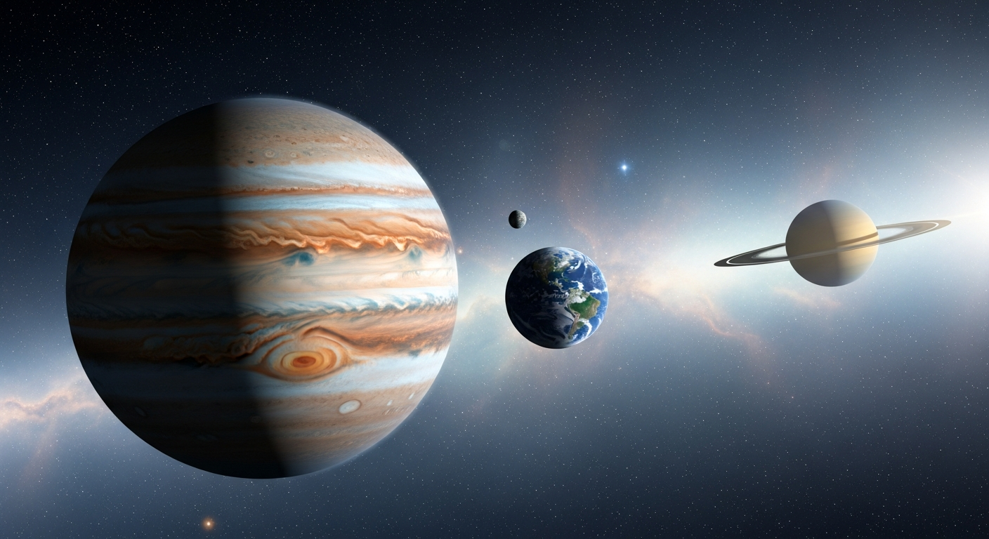 明るい色調の宇宙空間に、サイズ感が一目でわかるように大きく描かれた木星と、その近くにずっと小さく配置された地球、少し離れた位置に美しい環をまとった土星が並んでいるイラスト風CG。
