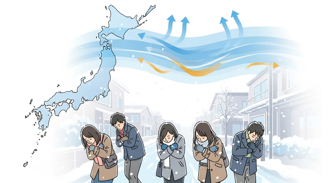 明るい色調で、冬の日本列島の寒気と寒波の違いを直感的に表現したイラスト。