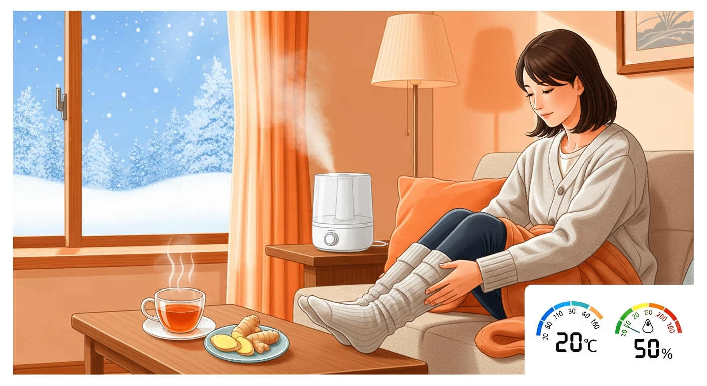 明るい色調で、冬の寒波対策と体調管理をイメージさせる日本人女性の室内シーン。