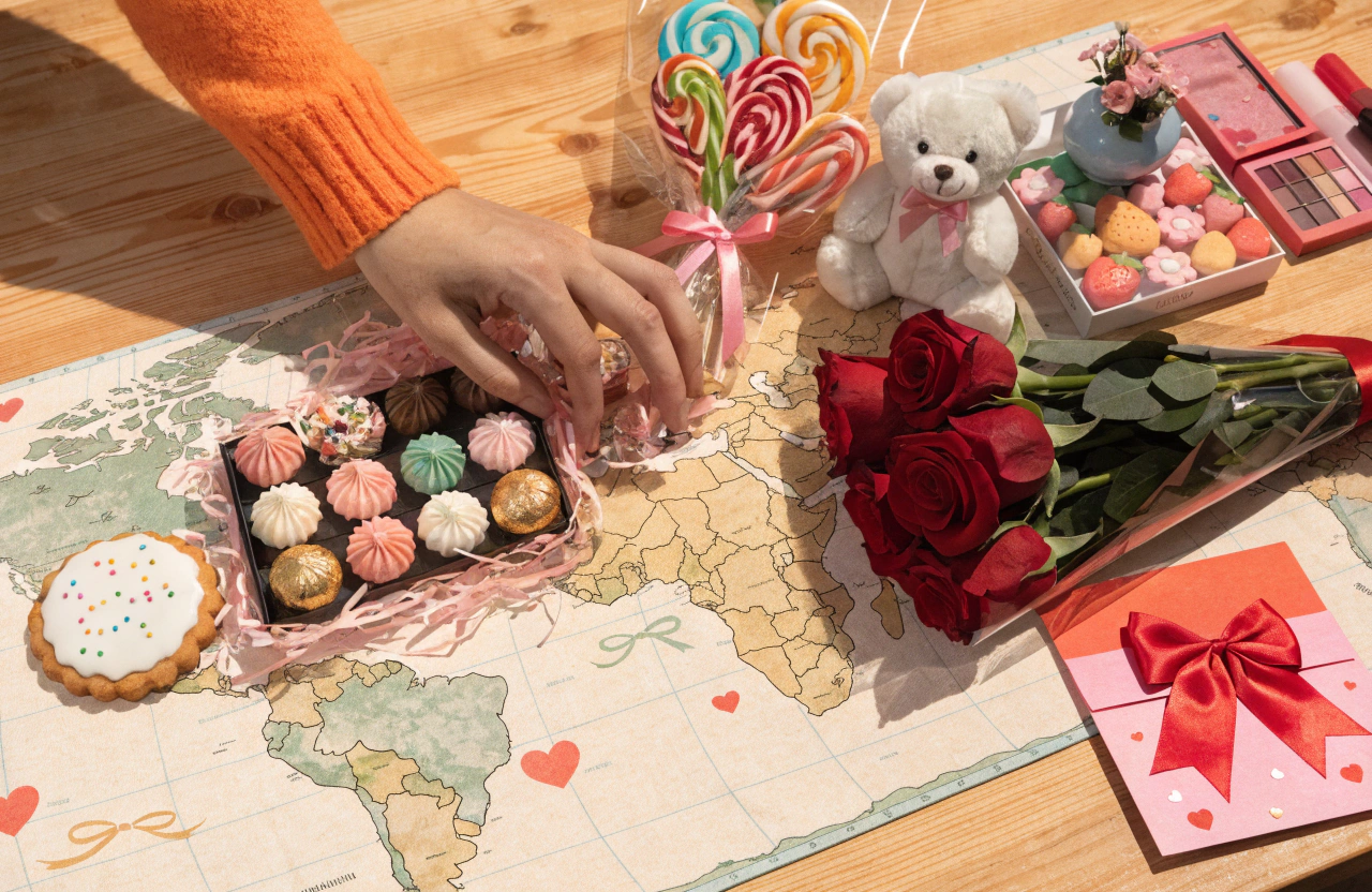 明るい色調で、木目テーブルの上に世界地図をモチーフにしたマットが敷かれ、日本・韓国・中国・欧米エリアの上にそれぞれ違うホワイトデー＆バレンタインのギフトが置かれている構図。