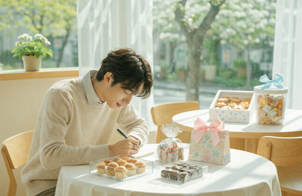 ホワイトデーのお返しを選ぶシーンをイメージしたイラスト。
