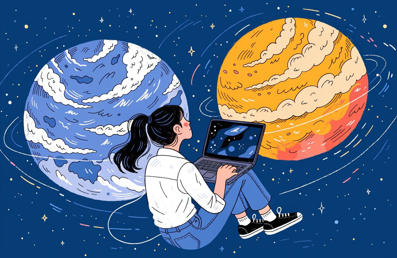 明るい色調で、宇宙をテーマにしたWeb記事用イラスト。