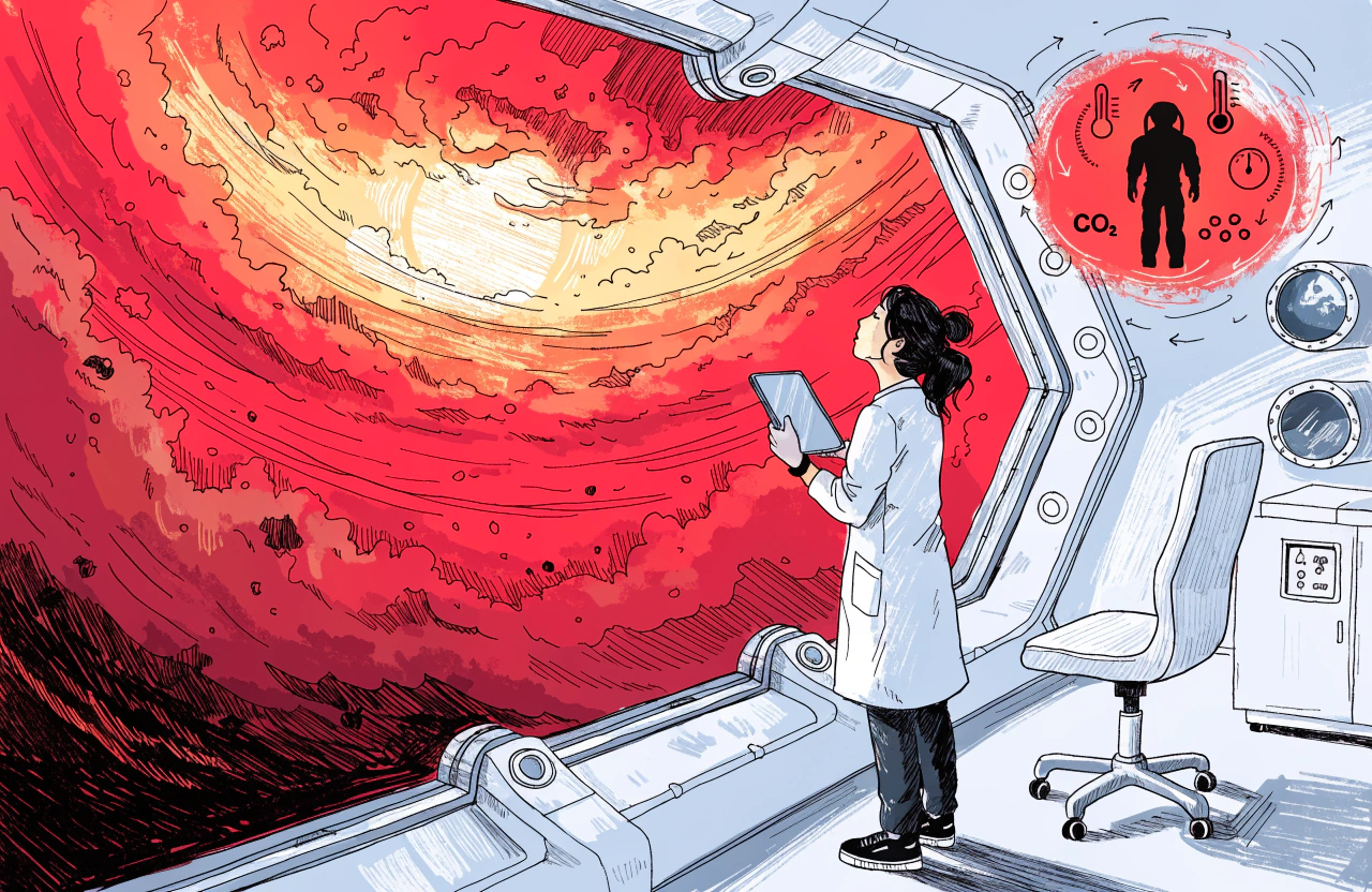 金星の灼熱で高圧な環境をわかりやすくイメージさせる、科学解説記事向けのイラスト。