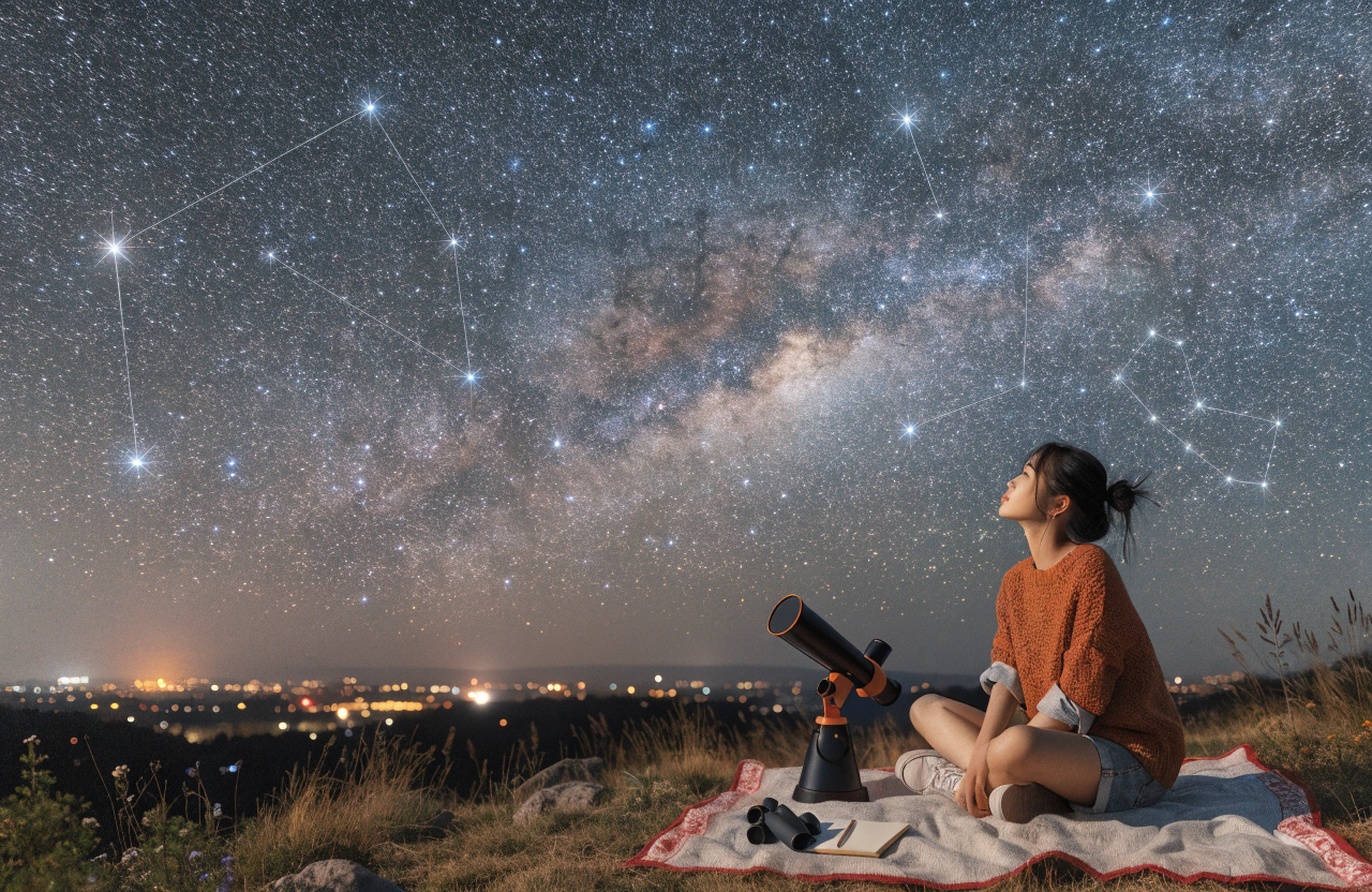 夜の郊外の小高い丘で、20代の日本人女性が一人、レジャーシートに座って星空を見上げている場面。