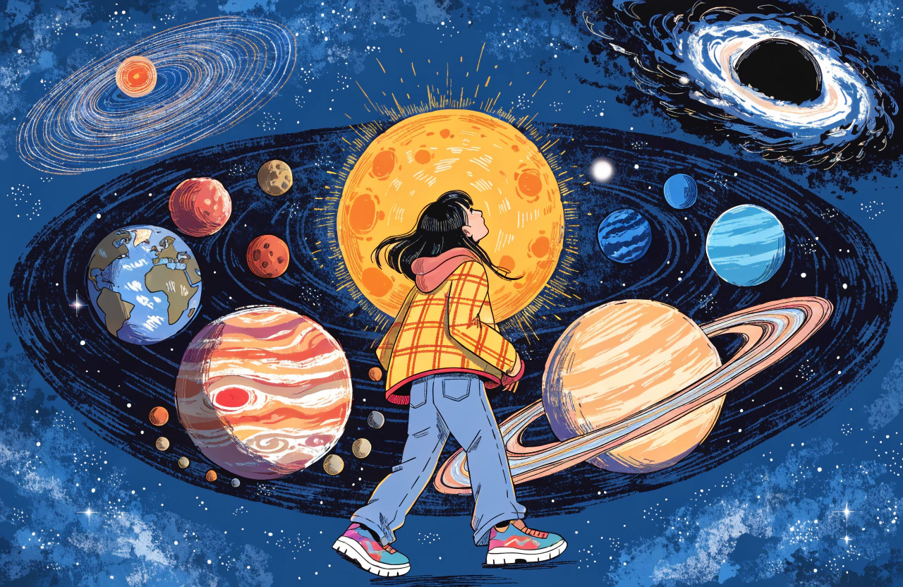 明るい色調で、太陽系の惑星と極端な天体の特徴をわかりやすく表現したイラスト。