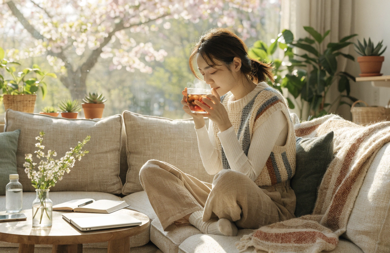 明るい春の朝のリビング。