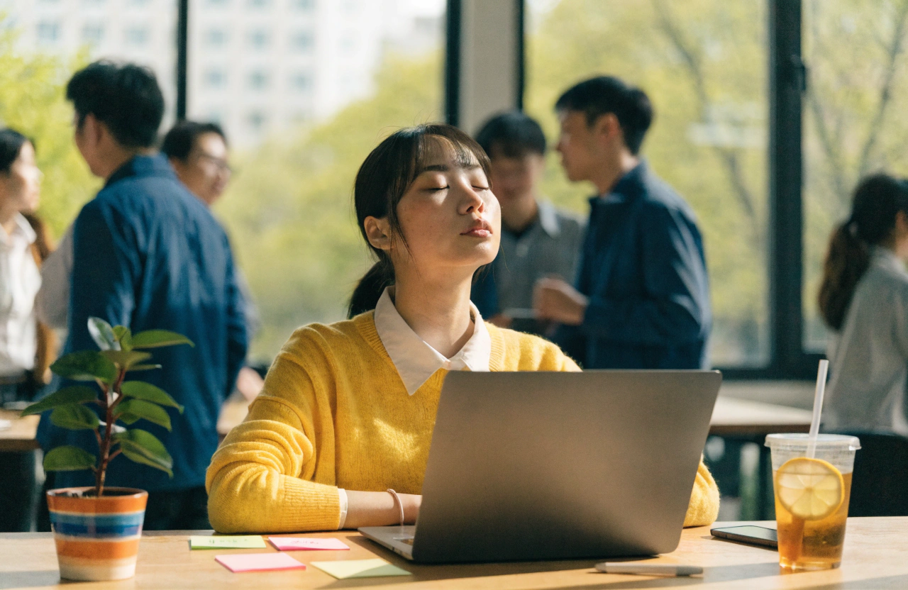 明るい春の日差しが差し込むオフィスの一角で、木目調のデスクにノートPCと小さな観葉植物、カップに入ったお茶が置かれている。