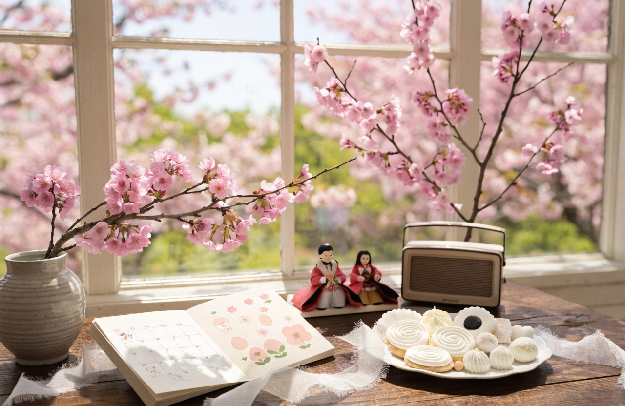 明るい春の日差しが差し込む室内で、木目調のテーブルに3月のカレンダーが開かれて置かれている。