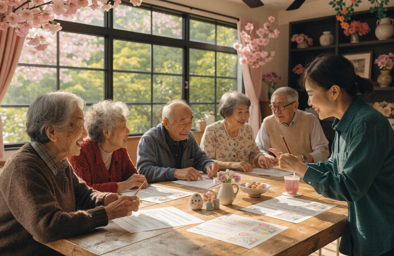 高齢者施設のレクリエーションルームで、テーブルを囲んだ数人の日本人高齢者と、20〜30代の日本人女性スタッフが、3月の行事クイズを楽しんでいる様子。