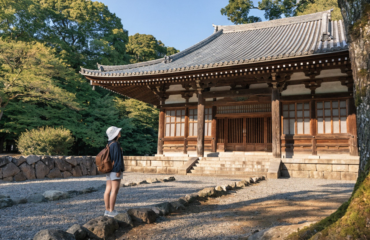 奈良・薬師寺の東院堂外観と周囲の静かな雰囲気を捉えた、明るい色調の写真風イラスト。