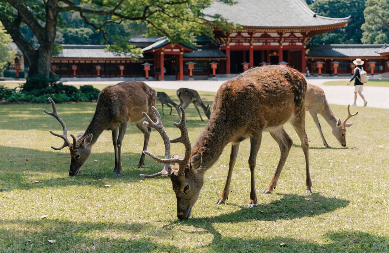 奈良公園の広い芝生と木漏れ日の中、数頭の鹿が穏やかに草を食べている様子を、やや引きの自然な構図で描く。