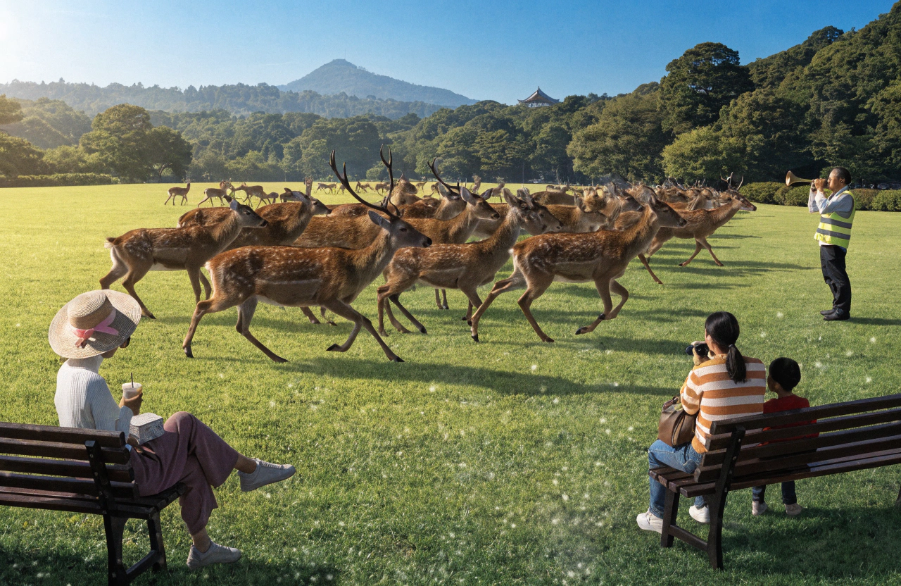 奈良公園の広々とした芝生とやわらかな朝の光の中、ホルンを吹く係員に向かって何頭もの鹿が一斉に走り寄ってくる様子を、少し高い位置から見下ろす構図で描く。