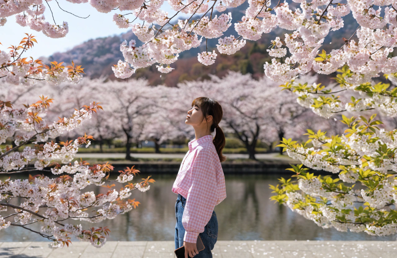 春の公園で、淡いピンクから白のソメイヨシノがトンネル状に咲き誇り、その手前には白い花と赤みのある若葉をつけたヤマザクラ、白い花と明るい緑の葉をつけたオオシマザクラが並んでいる様子を、明るい昼下がりの自然光で切り取った構図。