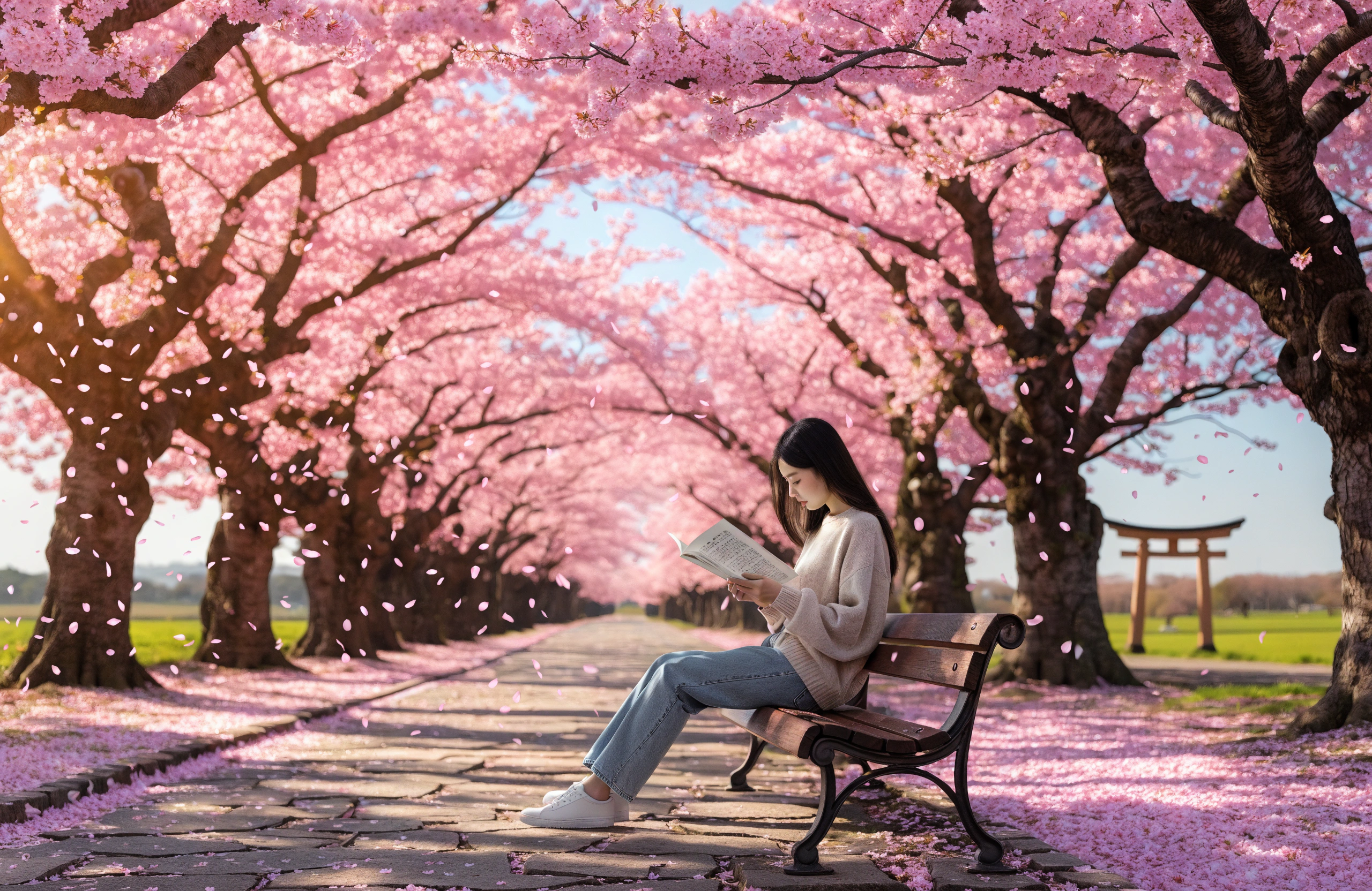 満開の桜並木の下で、20代の日本人女性がベンチに座り、古風な和歌が載った本やノートを開いて静かに読みふけっている様子を、柔らかな春の陽射しの中で切り取ったワンシーン。