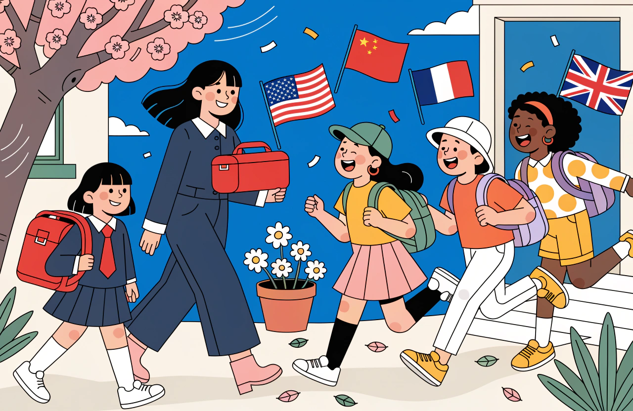 明るい色調で、世界の新学期の違いをイメージできる構図。