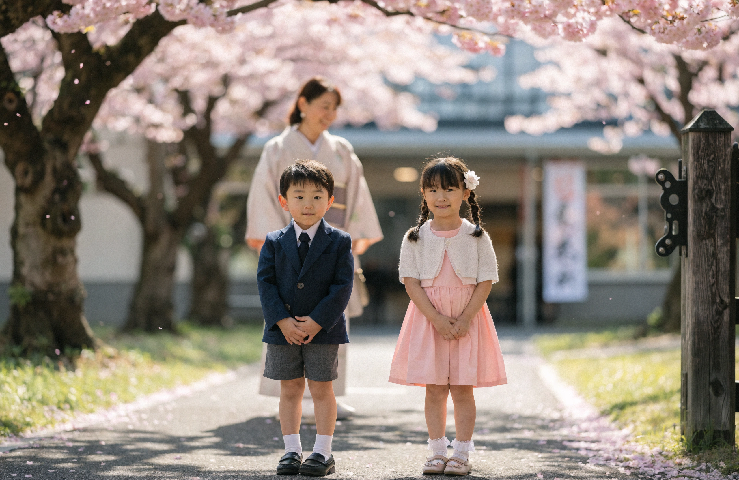明るい春の朝、桜が咲く小学校の校門前の風景。