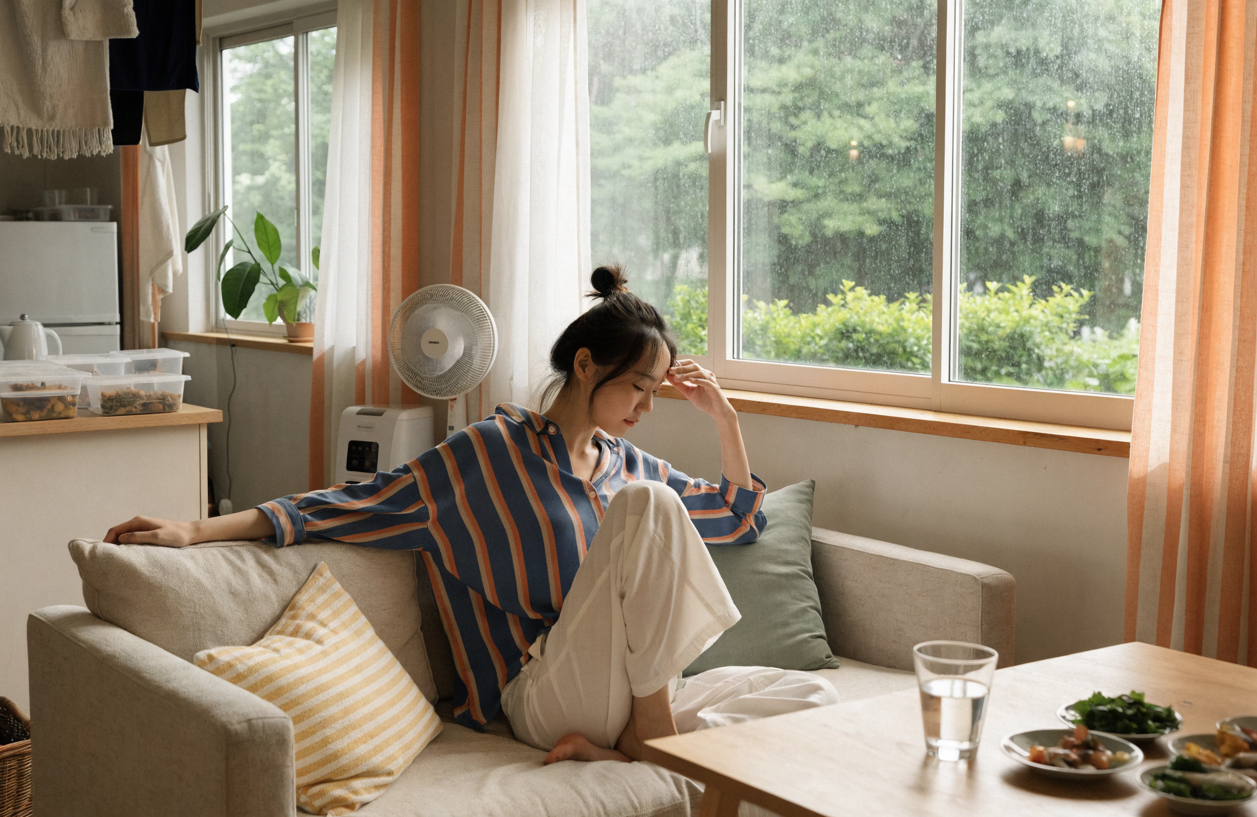 明るい色調で、梅雨の健康ケアと暮らしの対策をわかりやすく表現したWeb記事用イメージ。