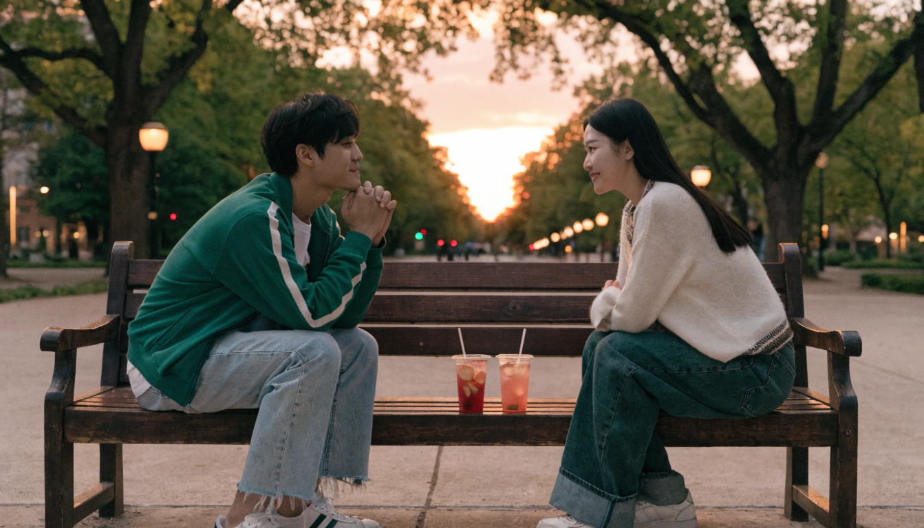 夕暮れ時の公園デートシーン。