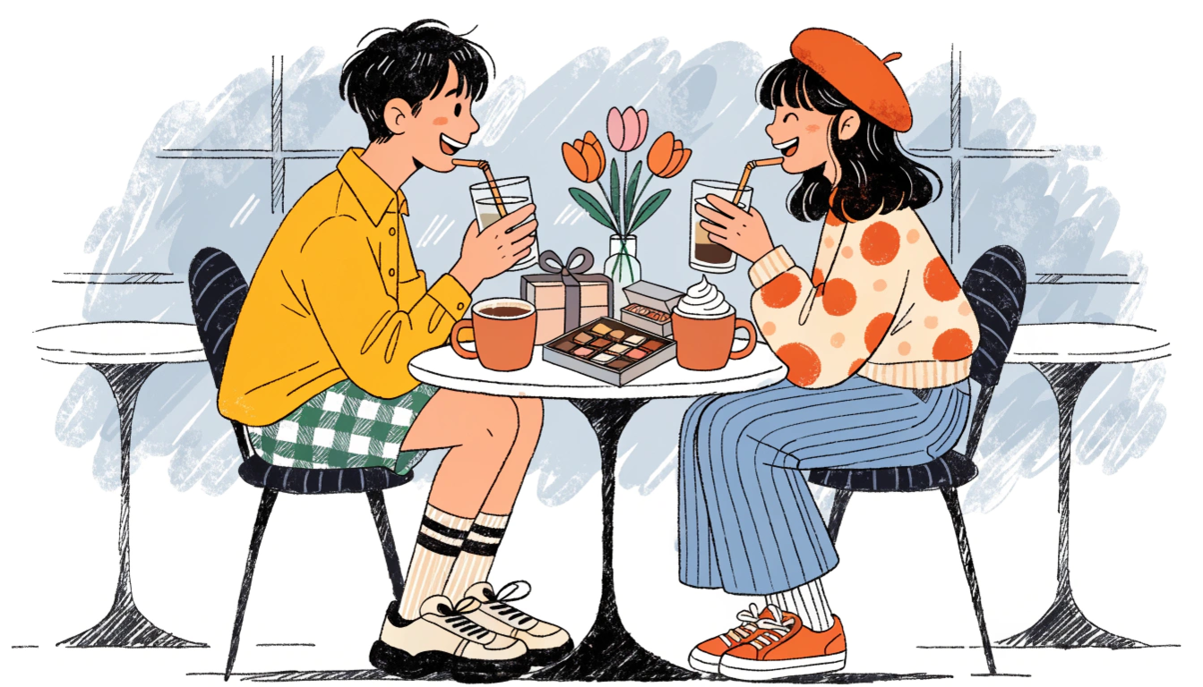 明るい色調のイラストスタイルで、カフェのテーブル席に向かい合って座る20代の日本人男女が、楽しそうに恋愛トークをしている様子。