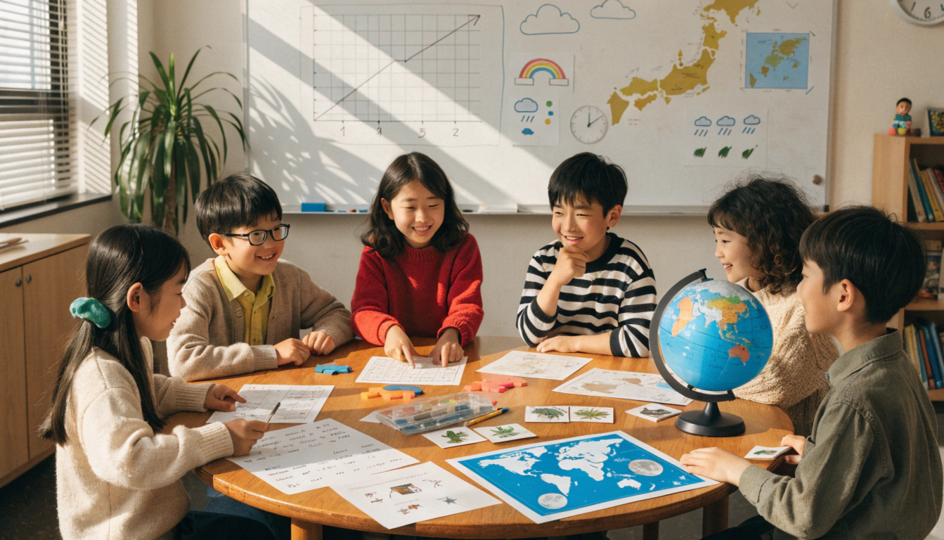 明るい色調で、現代の日本の小学校の教室が舞台。