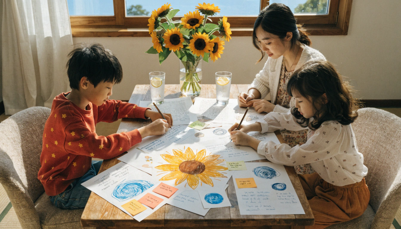 夏のリビングで、20代の日本人の母親と小学生の日本人の男の子と女の子がテーブルを囲み、自由研究ノートや色とりどりの手書きカード、クイズ問題が書かれたメモを広げて楽しそうに話し合っている様子を描く。