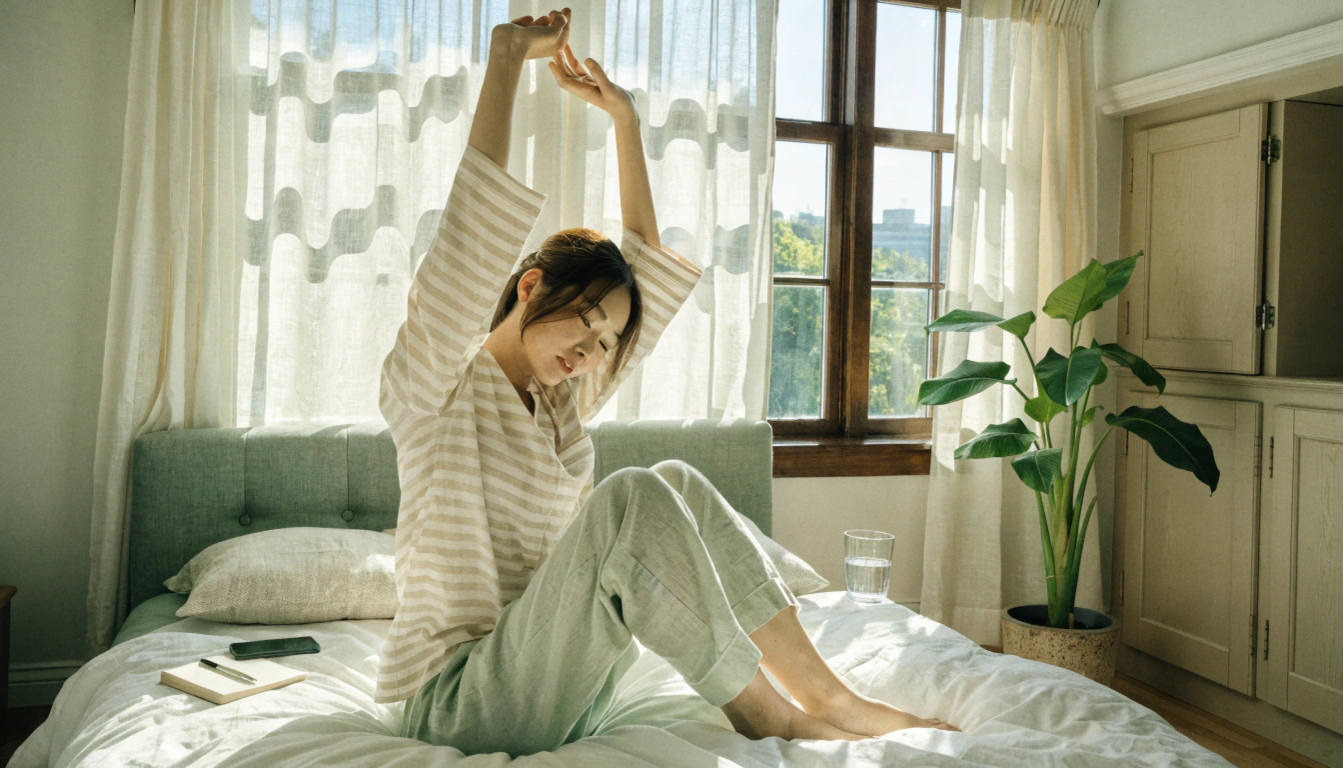 初夏の明るい日差しが差し込む日本のワンルームの寝室兼リビング。