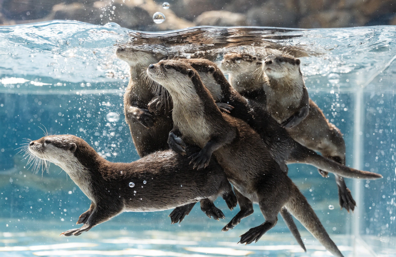 image generation 明るい自然光の差し込む水族館の屋内展示スペースで、コツメカワウソの家族が透明な水槽の水面近くを泳いでいる場面